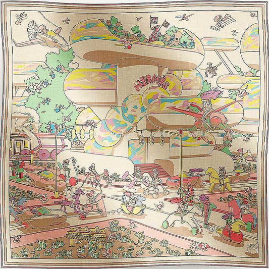 HERMES scarf Carre 140 Locomotion Natural/Green/Yellow Cashmere70% / Silk30%[BRAND NEW][Authentic]