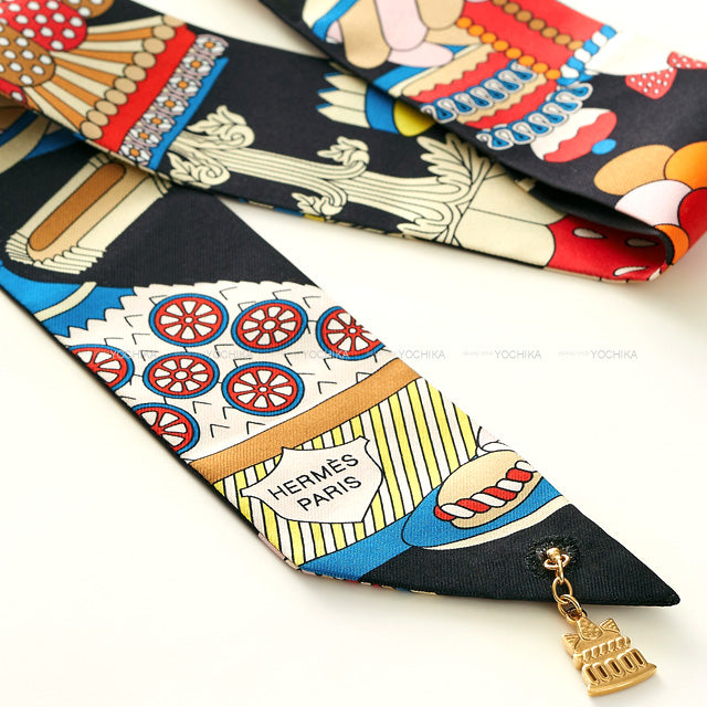 2023 AW HERMES scarf Twilly Charm Patisserie Francaise Noir (Black)/Blanc (White)/Blue Cotton100% Champagne Gold HW[EXCELLENT][Authentic]