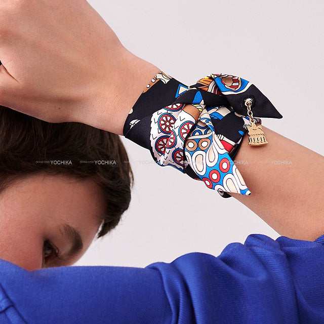 2023 AW HERMES scarf Twilly Charm Patisserie Francaise Noir (Black)/Blanc (White)/Blue Cotton100% Champagne Gold HW[EXCELLENT][Authentic]