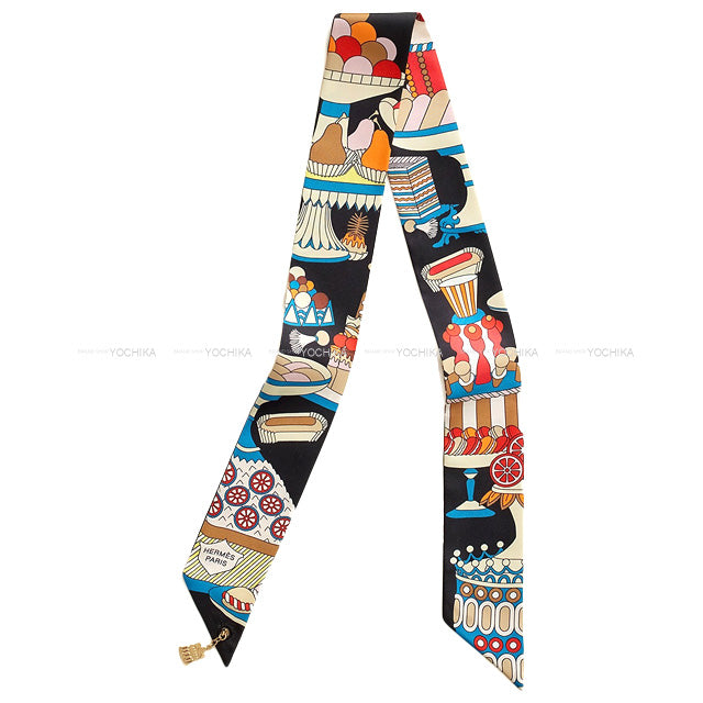 2023 AW HERMES scarf Twilly Charm Patisserie Francaise Noir (Black)/Blanc (White)/Blue Cotton100% Champagne Gold HW[EXCELLENT][Authentic]