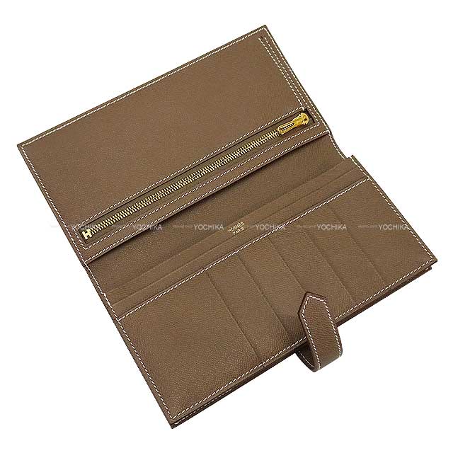 HERMES long wallet Bearn Soufflet Etoupe Natural Graine Gold HW Stamp W[BRAND NEW][Authentic]