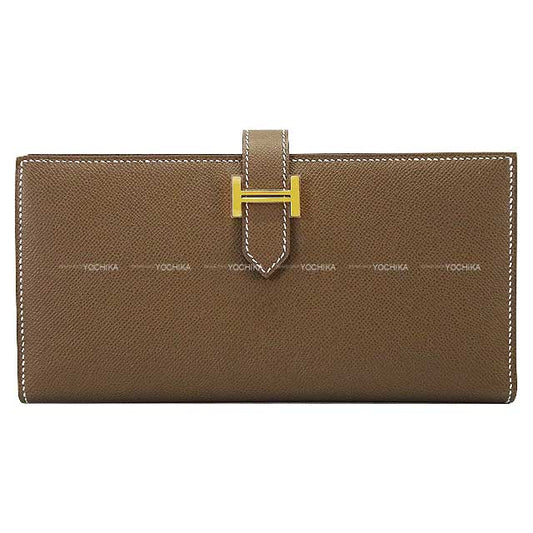 HERMES long wallet Bearn Soufflet Etoupe Natural Graine Gold HW Stamp W[BRAND NEW][Authentic]