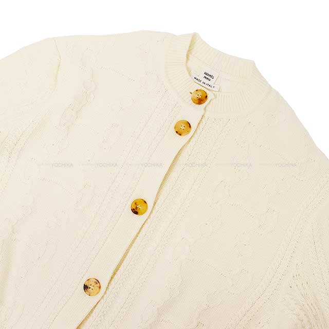 2022AW HERMES Cardigan Cable stich knit La Promenade du Matin Ivory Virgin wool/Cashmere 34[EXCELLENT][Authentic]