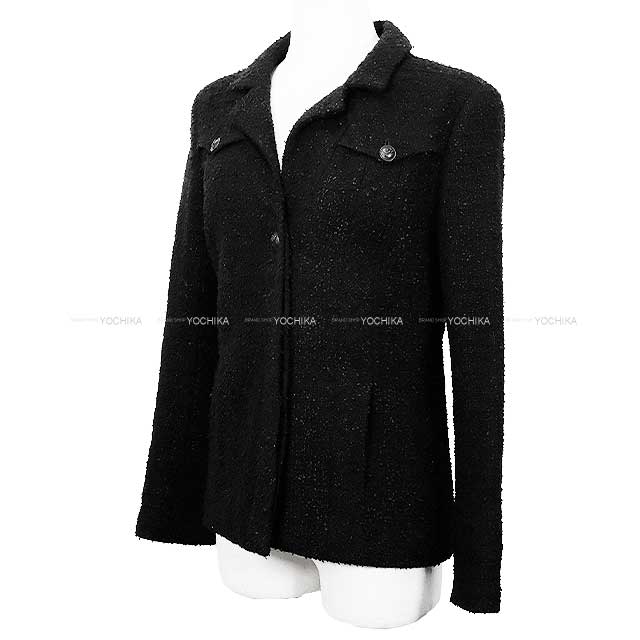 [Pre-loved] CHANEL COCOIt is with a ribbon button tweed jacket collar black Wool 70%/Nylon30％ 36 Black HW P24331[LIKE NEW][Authentic]