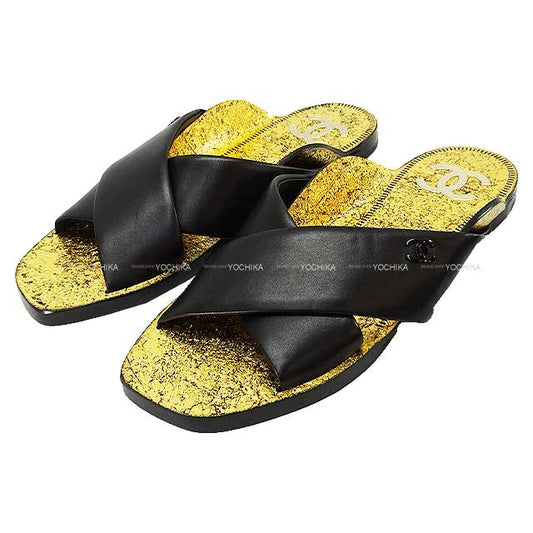 CHANEL sandals COCO Mark cross strap Flat mule Noir (Black)/Gold Lambskin Black HW 19AG35019[EXCELLENT][Authentic]