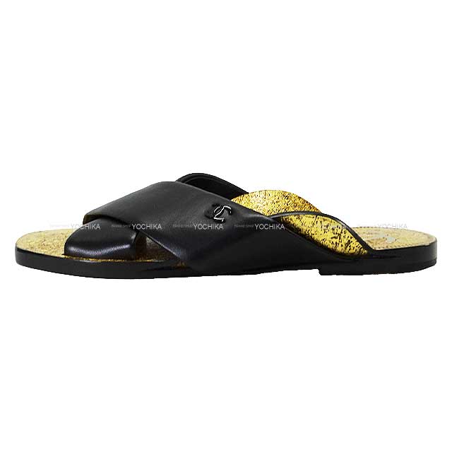 CHANEL sandals COCO Mark cross strap Flat mule Noir (Black)/Gold Lambskin Black HW 19AG35019[EXCELLENT][Authentic]