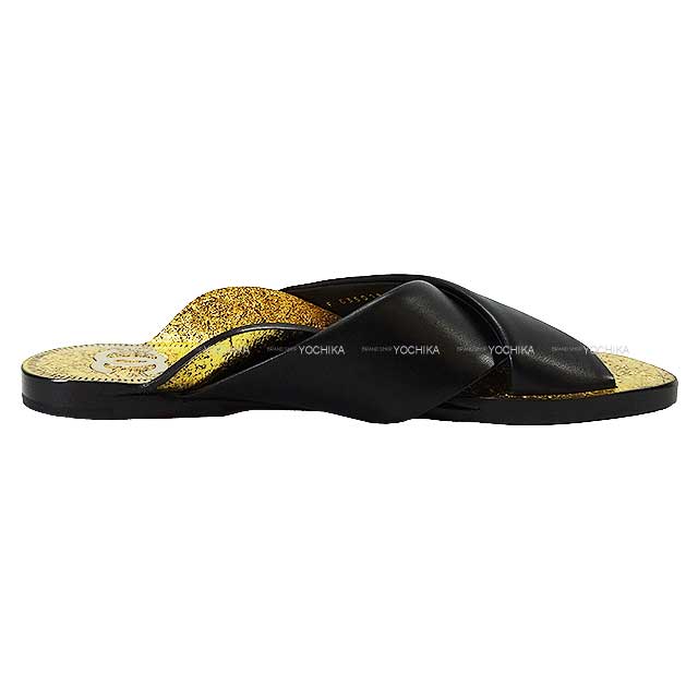 CHANEL sandals COCO Mark cross strap Flat mule Noir (Black)/Gold Lambskin Black HW 19AG35019[EXCELLENT][Authentic]