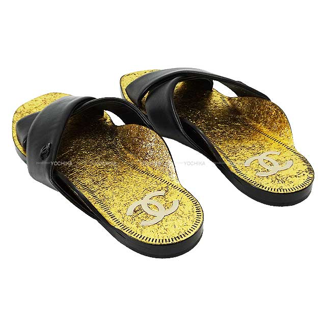 CHANEL sandals COCO Mark cross strap Flat mule Noir (Black)/Gold Lambskin Black HW 19AG35019[EXCELLENT][Authentic]