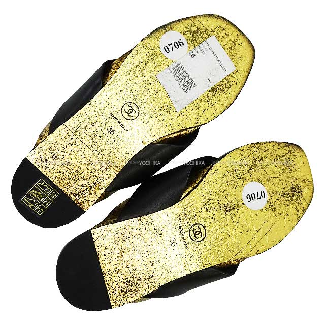 CHANEL sandals COCO Mark cross strap Flat mule Noir (Black)/Gold Lambskin Black HW 19AG35019[EXCELLENT][Authentic]