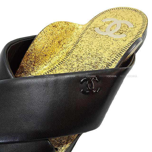 CHANEL sandals COCO Mark cross strap Flat mule Noir (Black)/Gold Lambskin Black HW 19AG35019[EXCELLENT][Authentic]
