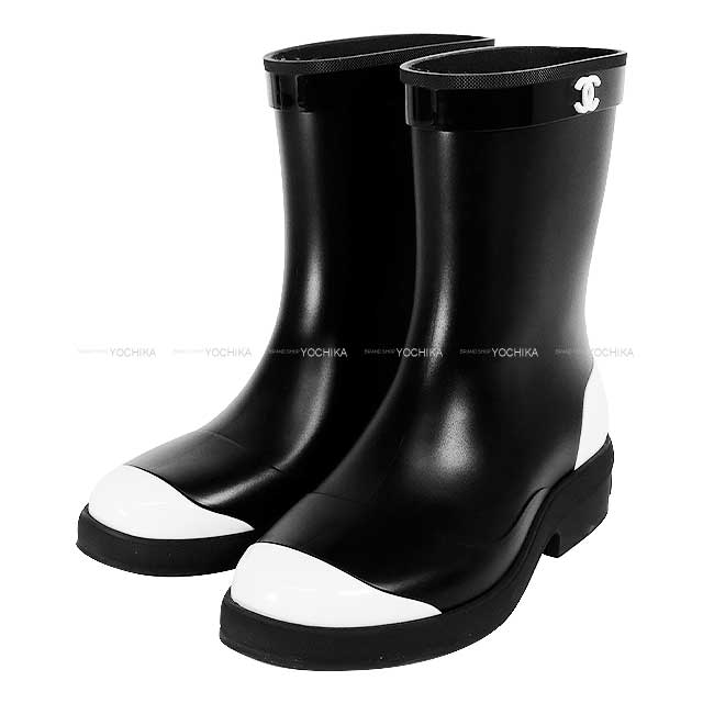 [Pre-loved] CHANEL boots Ladies COCO mark Bicolor  rain boots short Noir (Black)/Blanc (White) rubber 36 36 G34078[LIKE NEW][Authentic]