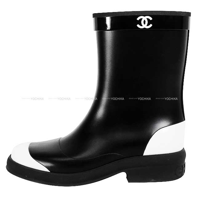 [Pre-loved] CHANEL boots Ladies COCO mark Bicolor  rain boots short Noir (Black)/Blanc (White) rubber 36 36 G34078[LIKE NEW][Authentic]