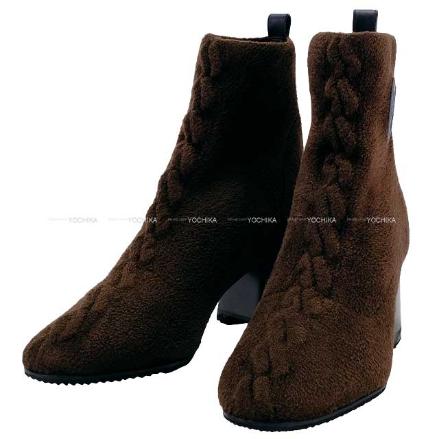 HERMES boots Short Boots Volver 60 Noir (Black) Chestnut Chenille knit/Calfskin ＃35.5[EXCELLENT][Authentic]