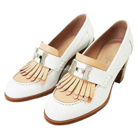 [Pre-loved] HERMES pumps Moccasins Pumps Elysee #70 Blanc (White)/Beige #35 Silver HW[LIKE NEW][Authentic]