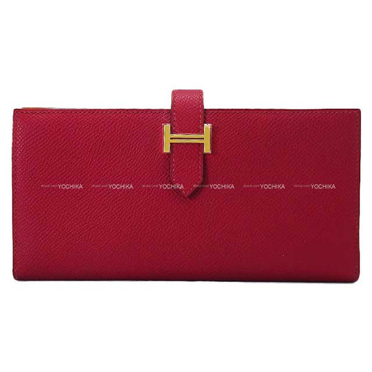 HERMES long wallet Bearn Soufflet Verso Rubis/Orange Veau Epsom Gold HW Stamp B[EXCELLENT][Authentic]