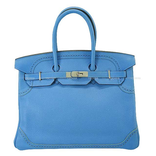 [Pre-loved] HERMES Handbag Birkin35 Ghillies Bleu Paradis Taurillon Clemence/Evercolor Silver HW Stamp X[USED SA][Authentic]