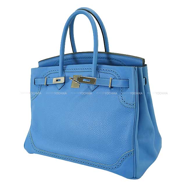 [Pre-loved] HERMES Handbag Birkin35 Ghillies Bleu Paradis Taurillon Clemence/Evercolor Silver HW Stamp X[USED SA][Authentic]