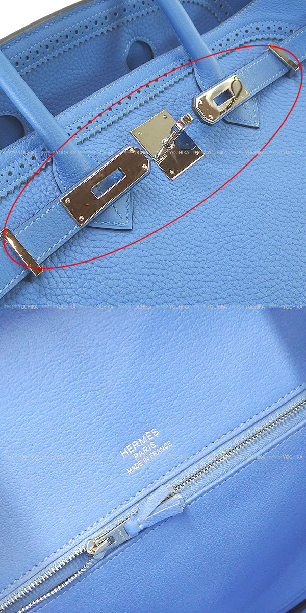 [Pre-loved] HERMES Handbag Birkin35 Ghillies Bleu Paradis Taurillon Clemence/Evercolor Silver HW Stamp X[USED SA][Authentic]