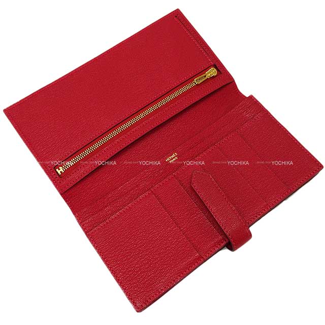 HERMES long wallet Bearn Soufflet Rouge Casaque Buffalo Horn Gold HW Stamp T[EXCELLENT][Authentic]