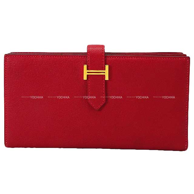 HERMES long wallet Bearn Soufflet Rouge Casaque Buffalo Horn Gold HW Stamp T[EXCELLENT][Authentic]