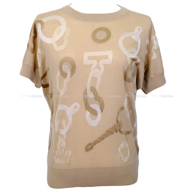 2024AW NEW HERMES Knit Ladies Short sleeve sweater Kaleido Scope Effect Beige Glaise Wool72％/Silk28% 36[EXCELLENT][Authentic]