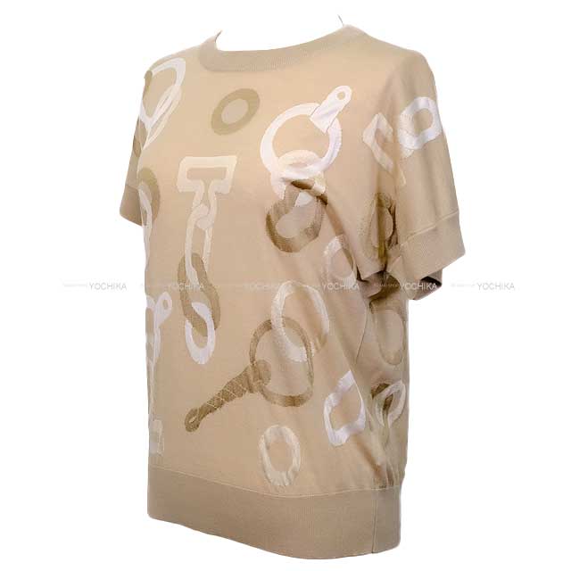 2024AW NEW HERMES Knit Ladies Short sleeve sweater Kaleido Scope Effect Beige Glaise Wool72％/Silk28% #36[EXCELLENT][Authentic]