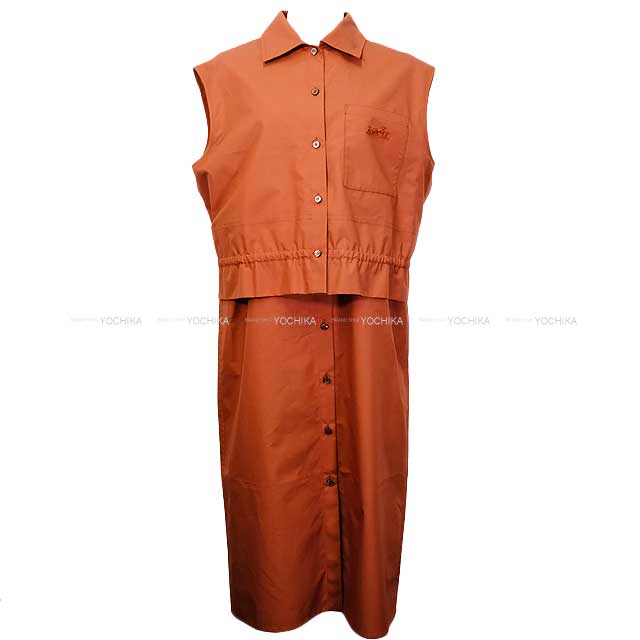 2023SS HERMES One‐piece dress Ladies Caleche embroidered No Sleeve Button Shirt Dress Brique Cotton100% 36[EXCELLENT][Authentic]