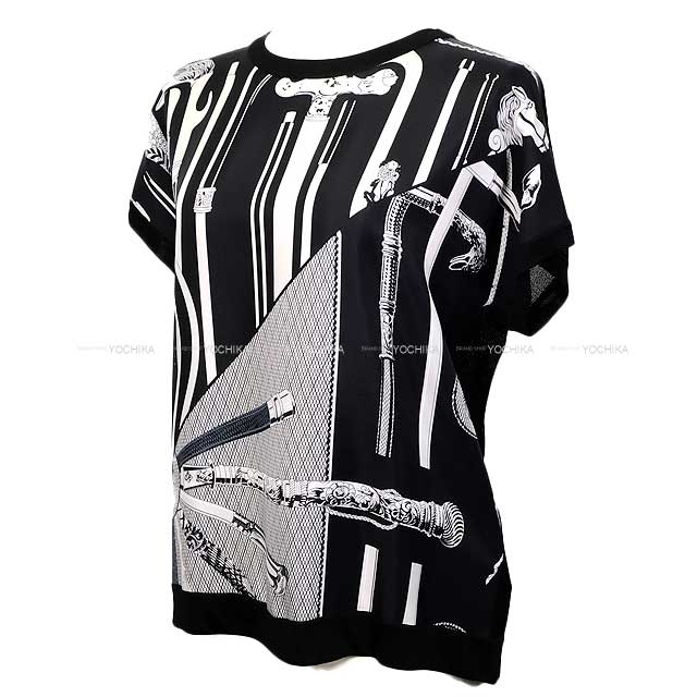 2021 HERMES Short sleeve t shirt Ladies Twillaine Cannes et Cannes Noir (Black)/Blanc (White) Wool/Silk100% 38[EXCELLENT][Authentic]