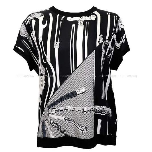 2021 HERMES Short sleeve t shirt Ladies Twillaine Cannes et Cannes Noir (Black)/Blanc (White) Wool/Silk100% 38[EXCELLENT][Authentic]