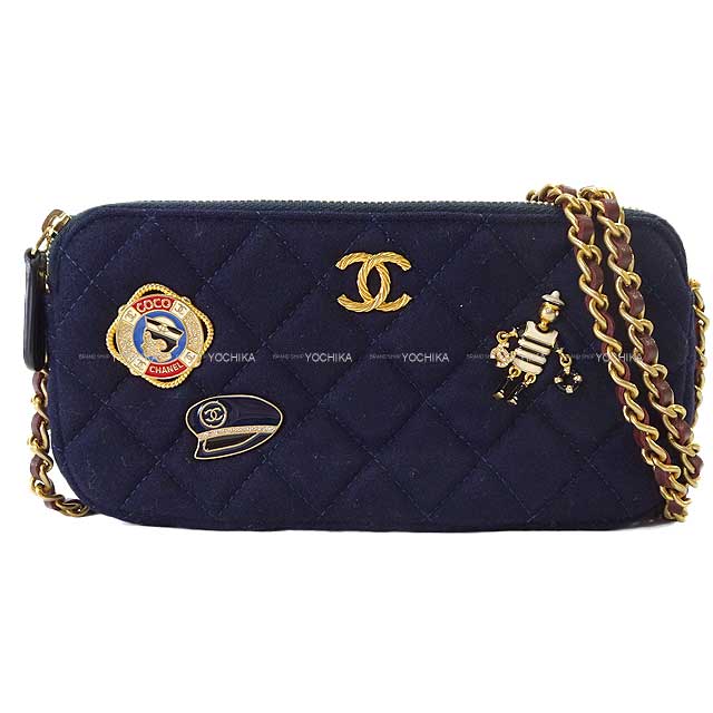 [Pre-loved] CHANEL Shoulder bag Chain Wallet Matelasse Coco Mark Marine Charm Navy/Bordeaux Cotton jersey Gold HW[LIKE NEW][Authentic]