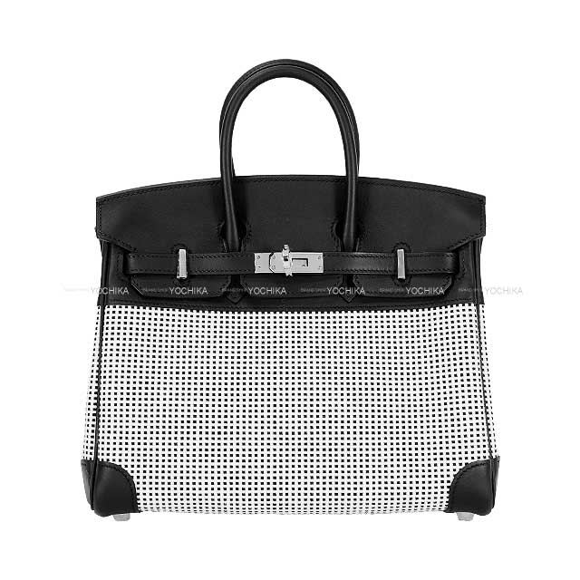 HERMES Handbag Birkin25 Noir (Black)/Blanc (White) Veau Swift/Toile Quadrille Silver HW Stamp W[BRAND NEW][Authentic]