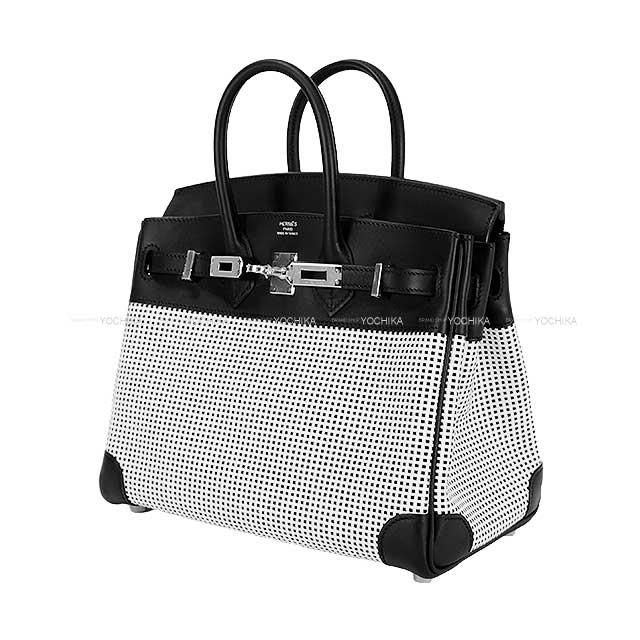 HERMES Handbag Birkin25 Noir (Black)/Blanc (White) Veau Swift/Toile Quadrille Silver HW Stamp W[BRAND NEW][Authentic]