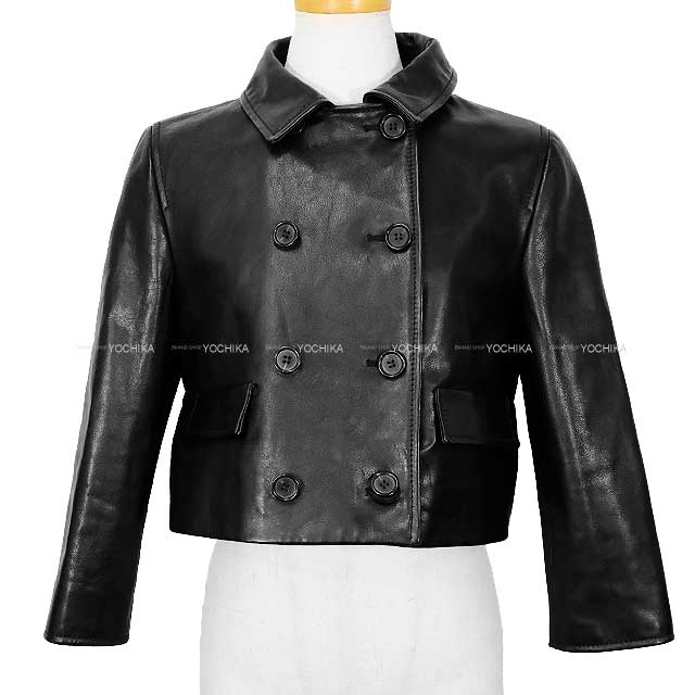 MIUMIU Double-breasted coat leatherette jacket Noir (Black) Calf 40 MPG499[EXCELLENT][Authentic]