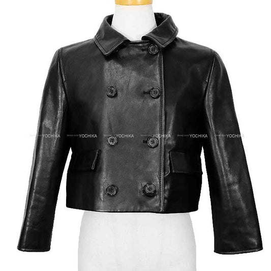 MIUMIU Double-breasted coat leatherette jacket Noir (Black) Calf 40 MPG499[EXCELLENT][Authentic]