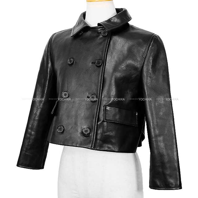 MIUMIU Double-breasted coat leatherette jacket Noir (Black) Calf 40 MPG499[EXCELLENT][Authentic]