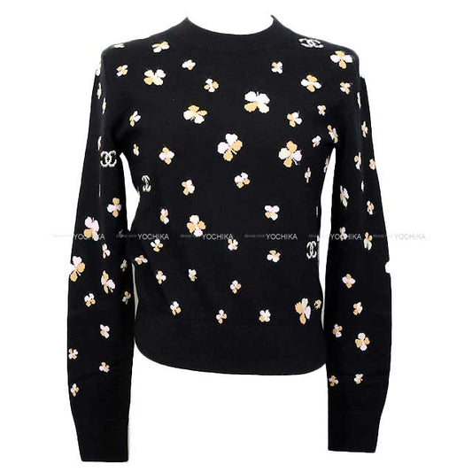 2024 SS NEW CHANEL Knit Ladies Longsleeve Flower COCO Mark Noir (Black) Cashmere 34 P76930[BRAND NEW][Authentic]