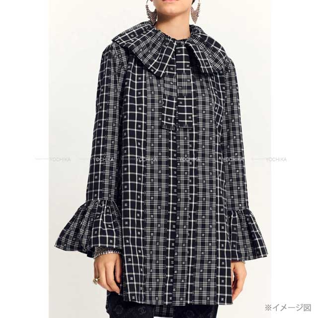 2023 AW Metiers d'Art CHANEL Tunic Frill Check Bow Tie COCO Mark Noir (Black)/Blanc (White) Cotton P75263[BRAND NEW][Authentic]