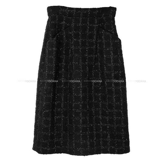 AW 2024/25 CHANEL skirt Midi Flare Tweed Window Check Glitter Noir (Black) 35% wool/33% cotton/8% polyester/1% acrylic 34 P78204[BRAND NEW][Authentic]