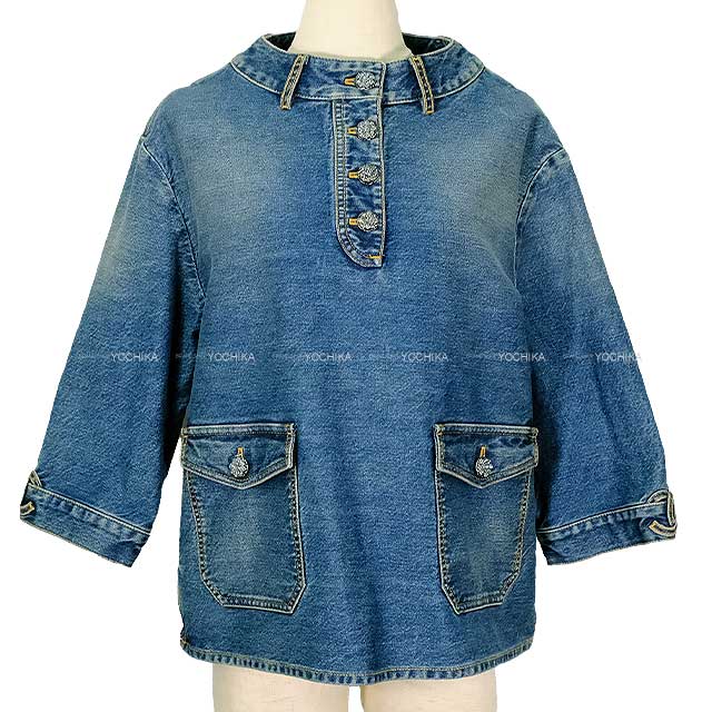 2024 S/S  CHANEL Tunic Denim Pocket Flower Coco Button three quarter sleeve Blue Cotton 34 P76797[BRAND NEW][Authentic]