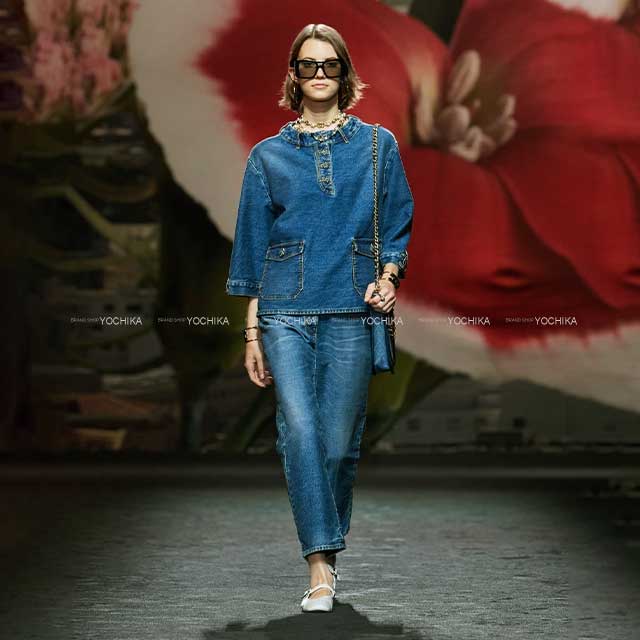 2024 S/S  CHANEL Tunic Denim Pocket Flower Coco Button three quarter sleeve Blue Cotton 34 P76797[BRAND NEW][Authentic]