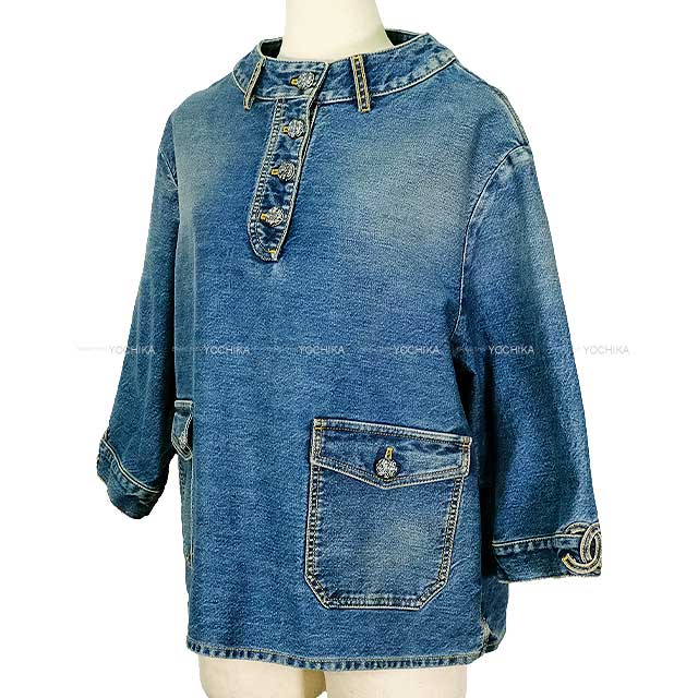 2024 S/S  CHANEL Tunic Denim Pocket Flower Coco Button three quarter sleeve Blue Cotton 34 P76797[BRAND NEW][Authentic]