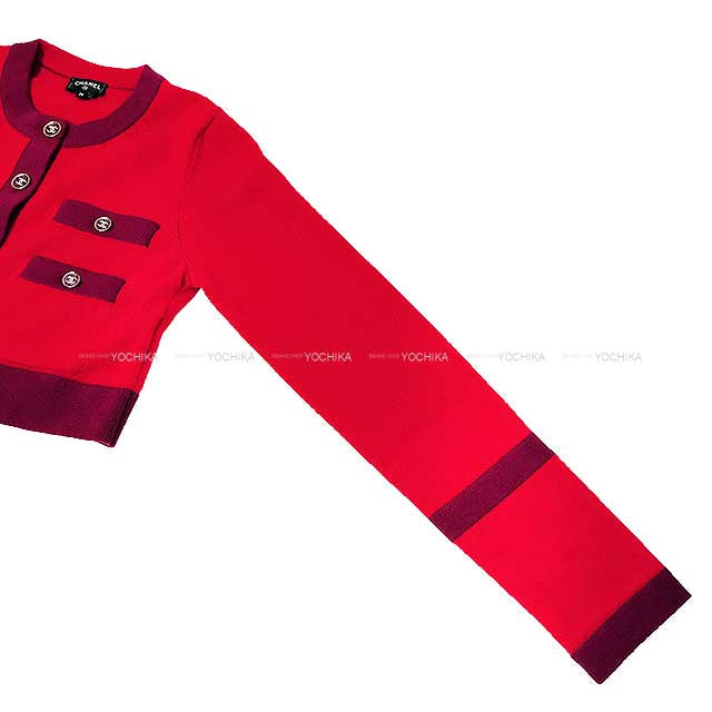 CHANEL Cardigan Short Length Bicolor Coco Button Knit Red/purple Cashmere100% 34 P75655[BRAND NEW][Authentic]