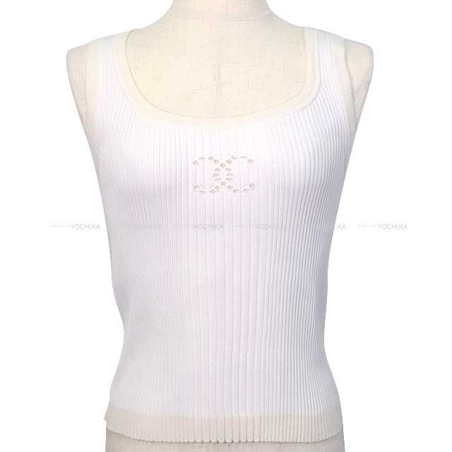 2024 Cruise New CHANEL Tank top Sleeveless Rib Coco mark Knit Blanc (White) Cotton/Rayon/Polyester/Nylon/Polyurethane 34 P78636[BRAND NEW][Authentic]