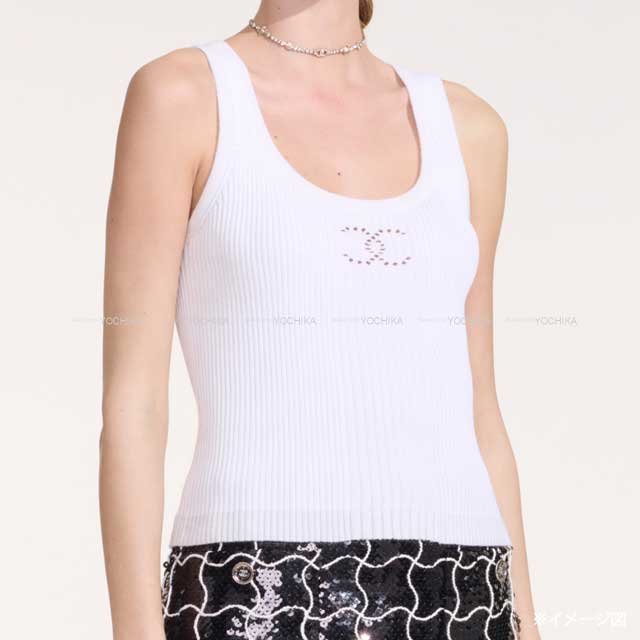 2024 Cruise New CHANEL Tank top Sleeveless Rib Coco mark Knit Blanc (White) Cotton/Rayon/Polyester/Nylon/Polyurethane 34 P78636[BRAND NEW][Authentic]