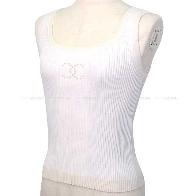 2024 Cruise New CHANEL Tank top Sleeveless Rib Coco mark Knit Blanc (White) Cotton/Rayon/Polyester/Nylon/Polyurethane 34 P78636[BRAND NEW][Authentic]