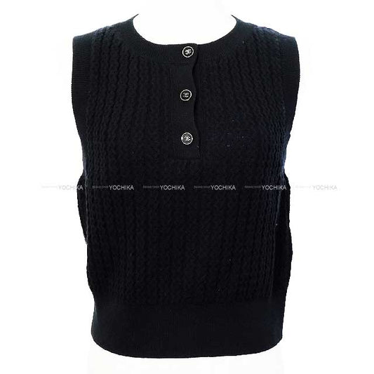 CHANEL Cut sew sleeveless wave dot COCO Button knit Noir (Black) Cashmere100% 34 P77893[BRAND NEW][Authentic]