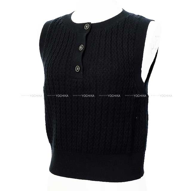 CHANEL Cut sew sleeveless wave dot COCO Button knit Noir (Black) Cashmere100% 34 P77893[BRAND NEW][Authentic]