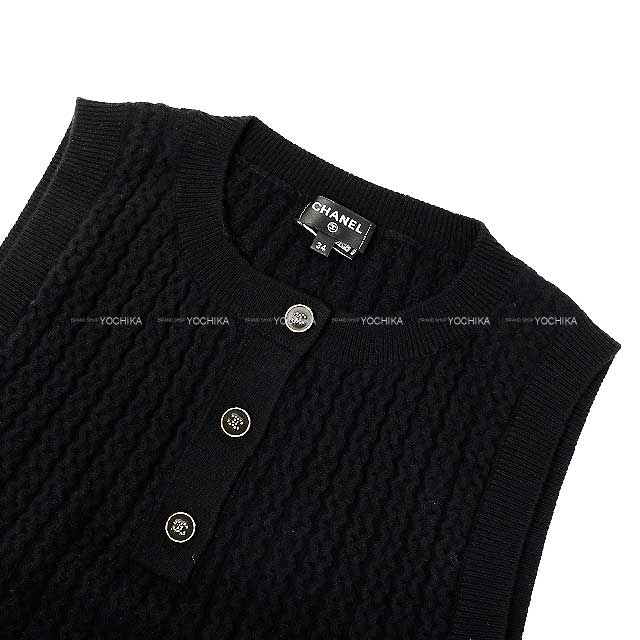 CHANEL Cut sew sleeveless wave dot COCO Button knit Noir (Black) Cashmere100% 34 P77893[BRAND NEW][Authentic]