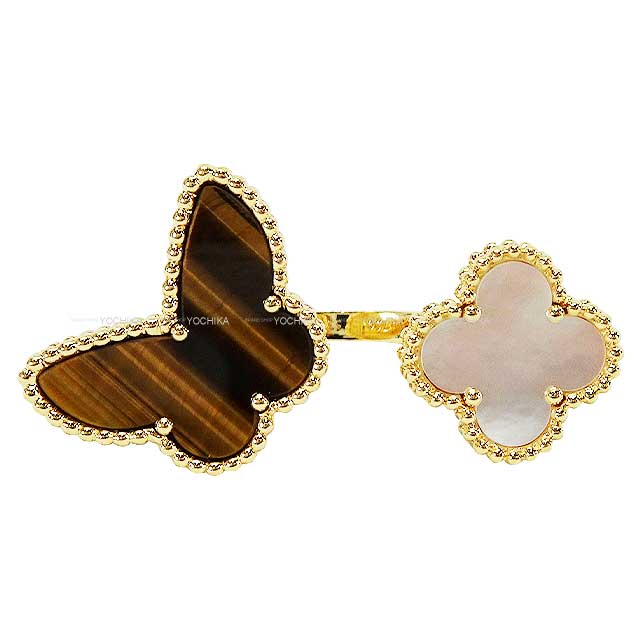[Pre-loved] Van Cleef & Arpels ring Lucky Alhambra Between the Finger Butterfly Brown/Blanc (White) K18YG/Tiger's Eye/Mother of Pearl #52 VCARN05800[LIKE NEW][Authentic]