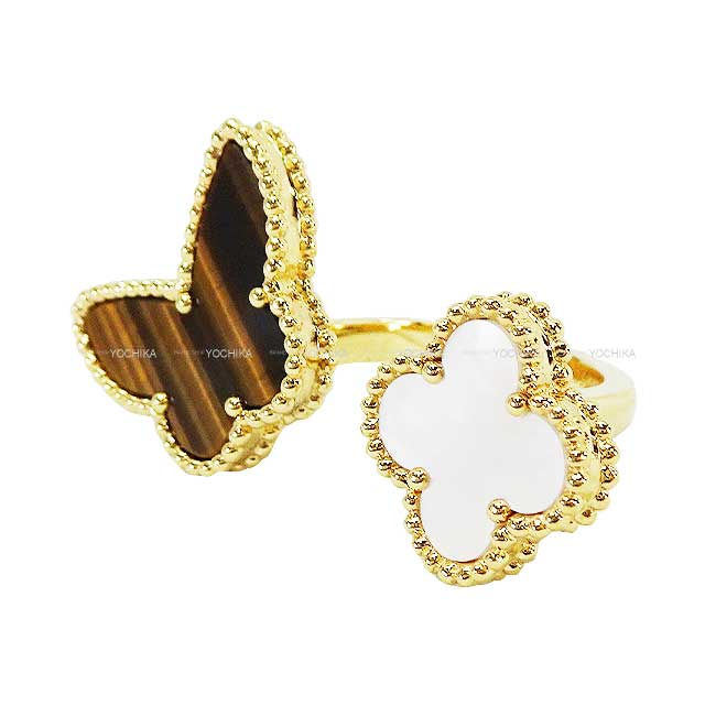 [Pre-loved] Van Cleef & Arpels ring Lucky Alhambra Between the Finger Butterfly Brown/Blanc (White) K18YG/Tiger's Eye/Mother of Pearl #52 VCARN05800[LIKE NEW][Authentic]